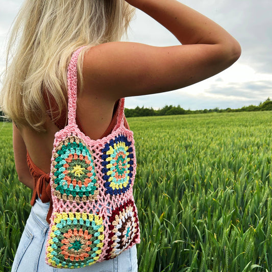 Handmade Granny Square | Crochet Shoulder Bag | Pink