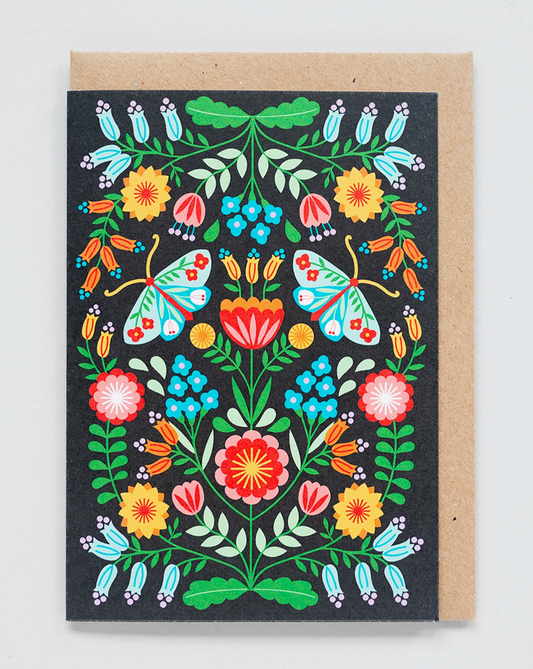 Folk Moth and Flowers - Greetings Card