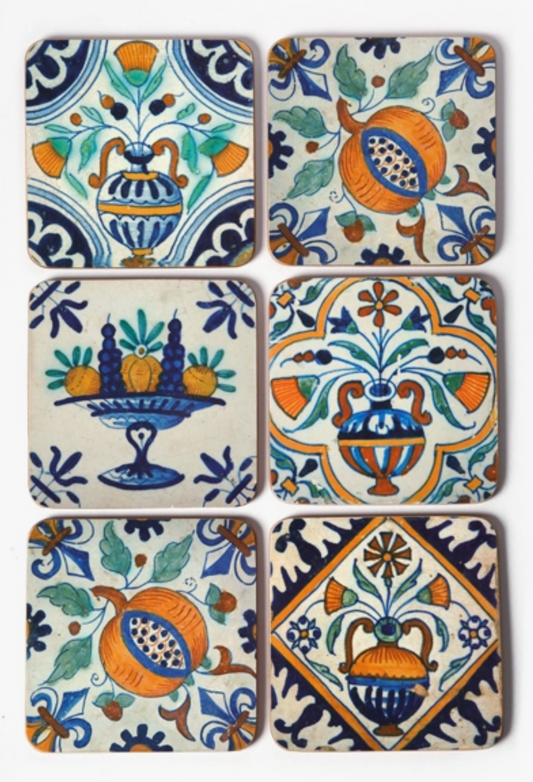 Delft Blue Polychrome Tiles Flower-Fruit Coasters