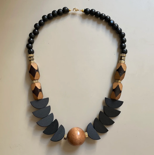 Black, wooden and Gold Statement Necklace