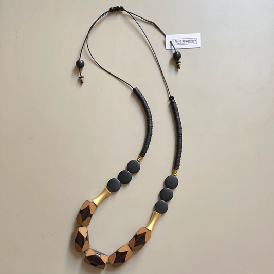 Black, wooden and Gold Necklace
