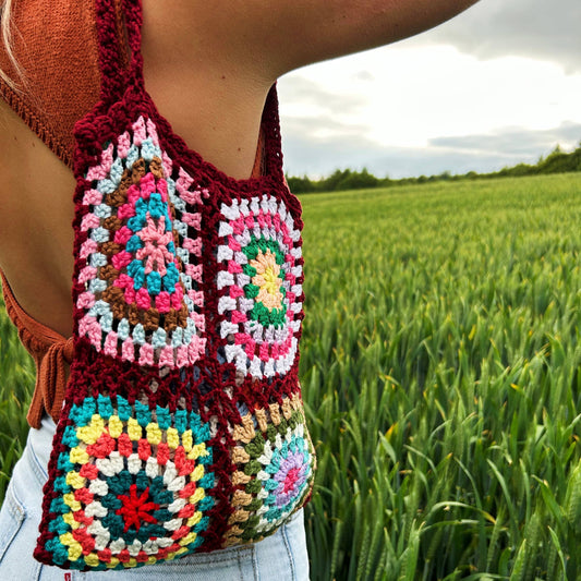 Handmade Granny Square | Crochet Shoulder Bag | Burgundy