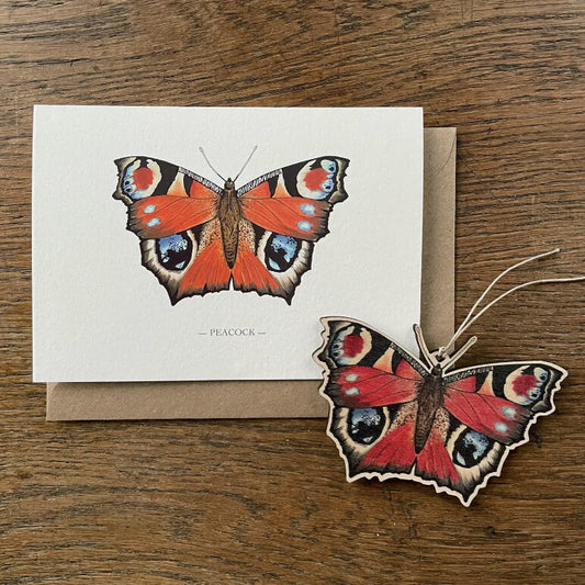 Peacock Butterfly card with removeable wooden hanging decoration