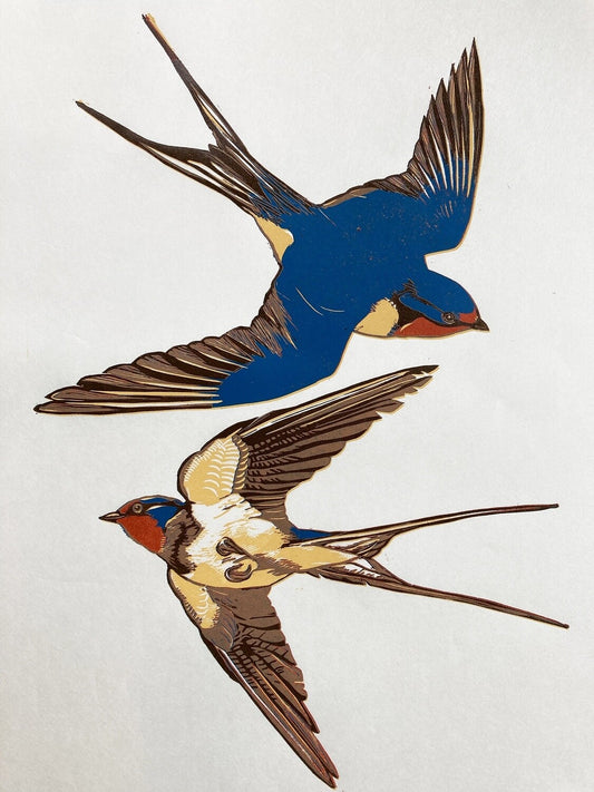 ‘Two Swallows’ Reduction linocut print on Okawara Japanese paper