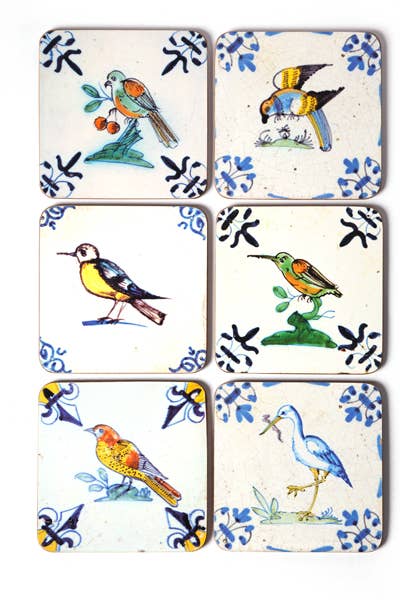 Set of 6 Coasters, Delft Blue Birds Tiles